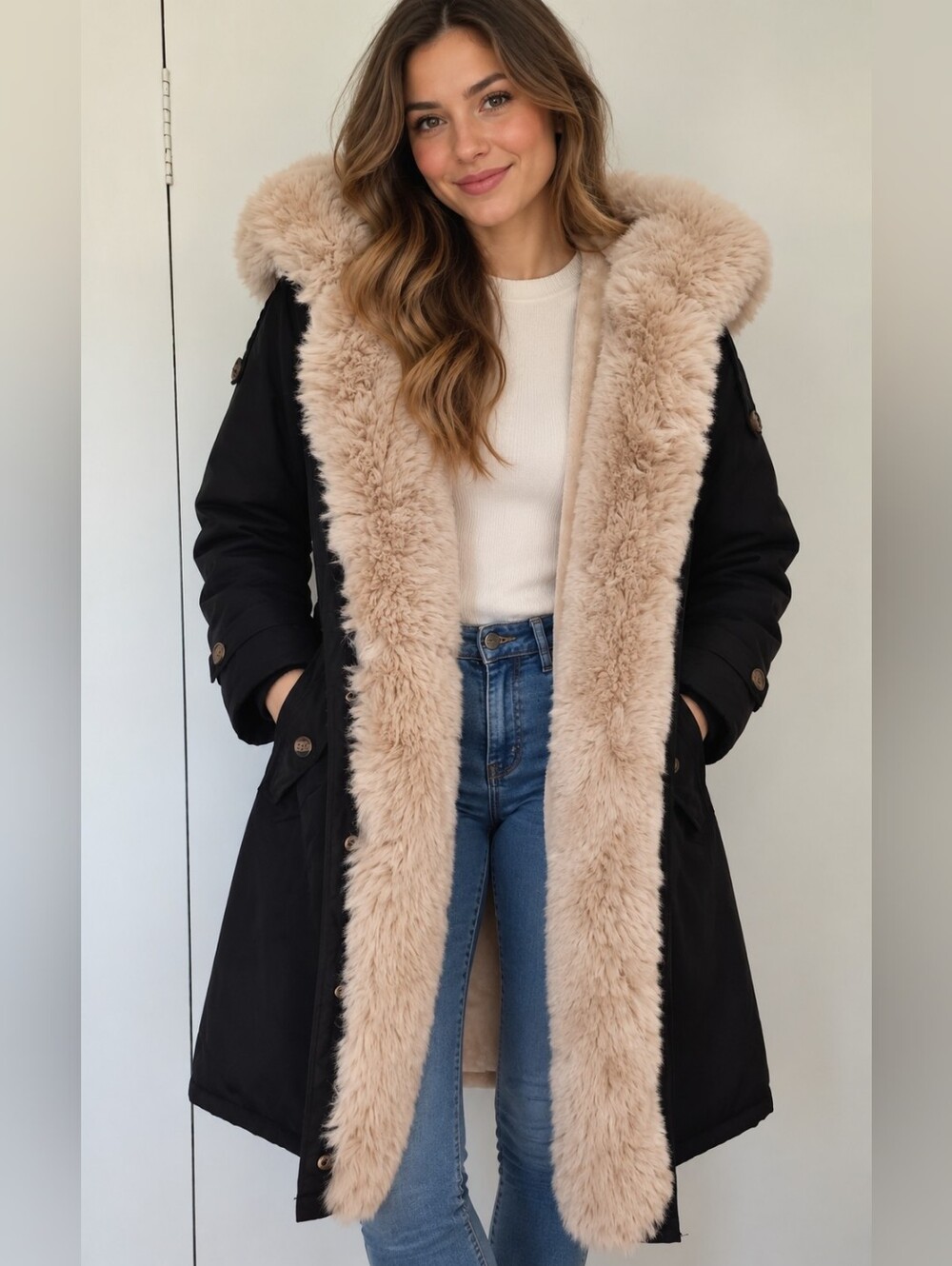 Women's Black Parka with Beige Faux Fur Lining